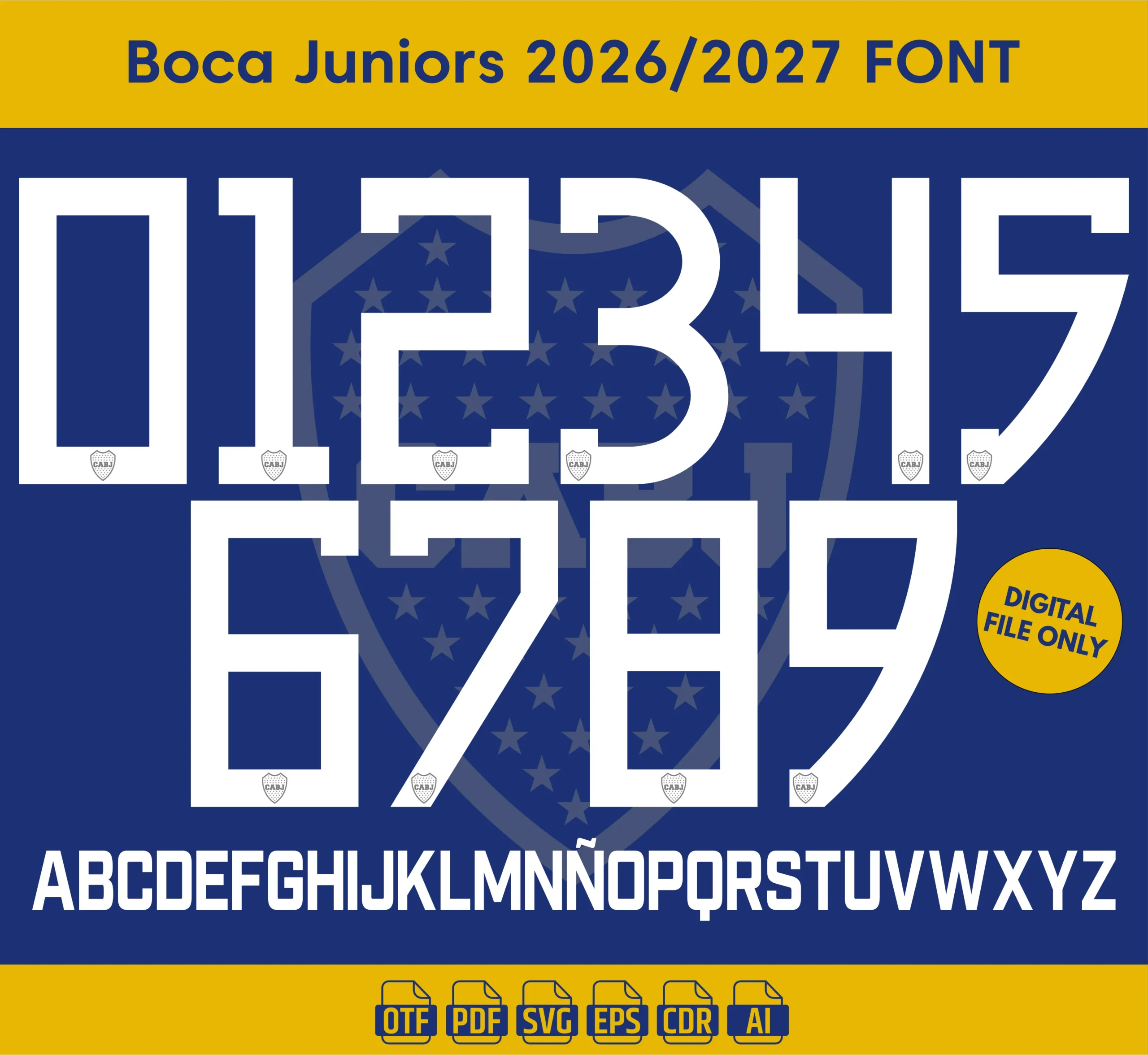 Boca Juniors Font, Boca 2026 Font, Boca jersey font, Argentine football font, Liga Argentina font, soccer jersey font, football jersey typeface, jersey number font, football name font, sports font download, OTF football font, custom jersey lettering, sublimation font