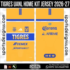 Tigres UANL Home Kit Jersey 2026-27 football shirt vector for sublimation printing