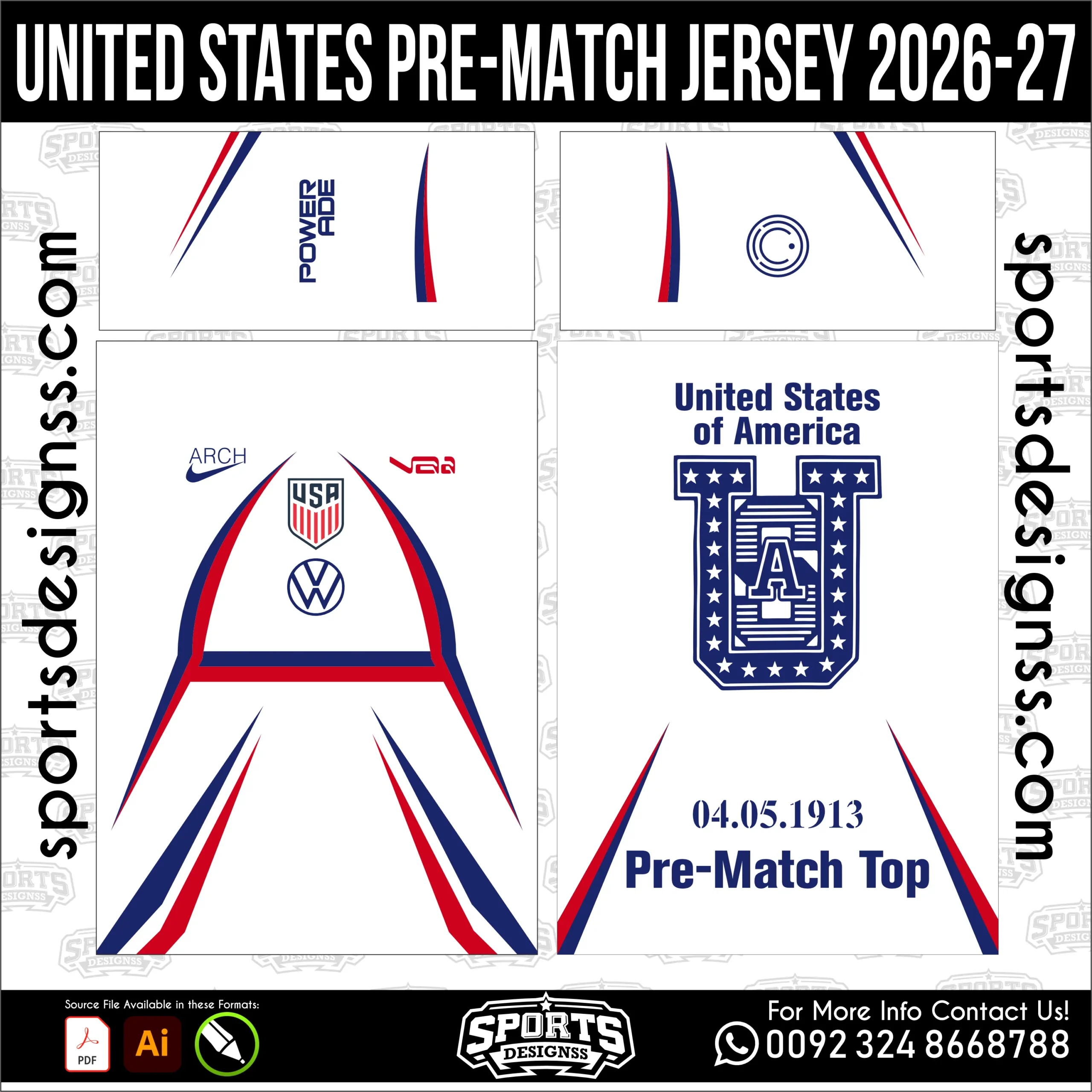 United States Pre-Match Jersey 2026-27 - football shirt vector for sublimation printing