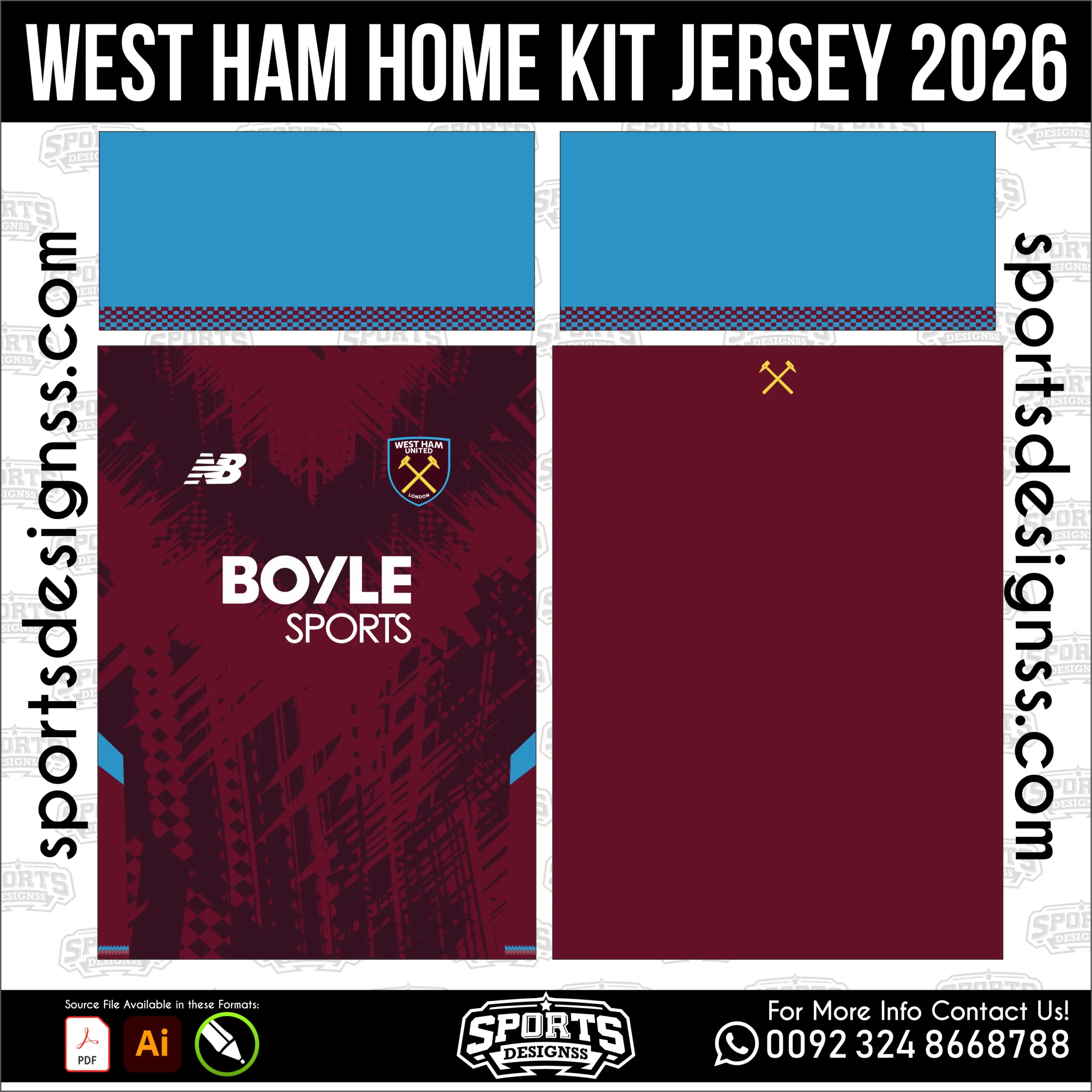 West Ham Home Jersey 2026 - football shirt vector for sublimation printing